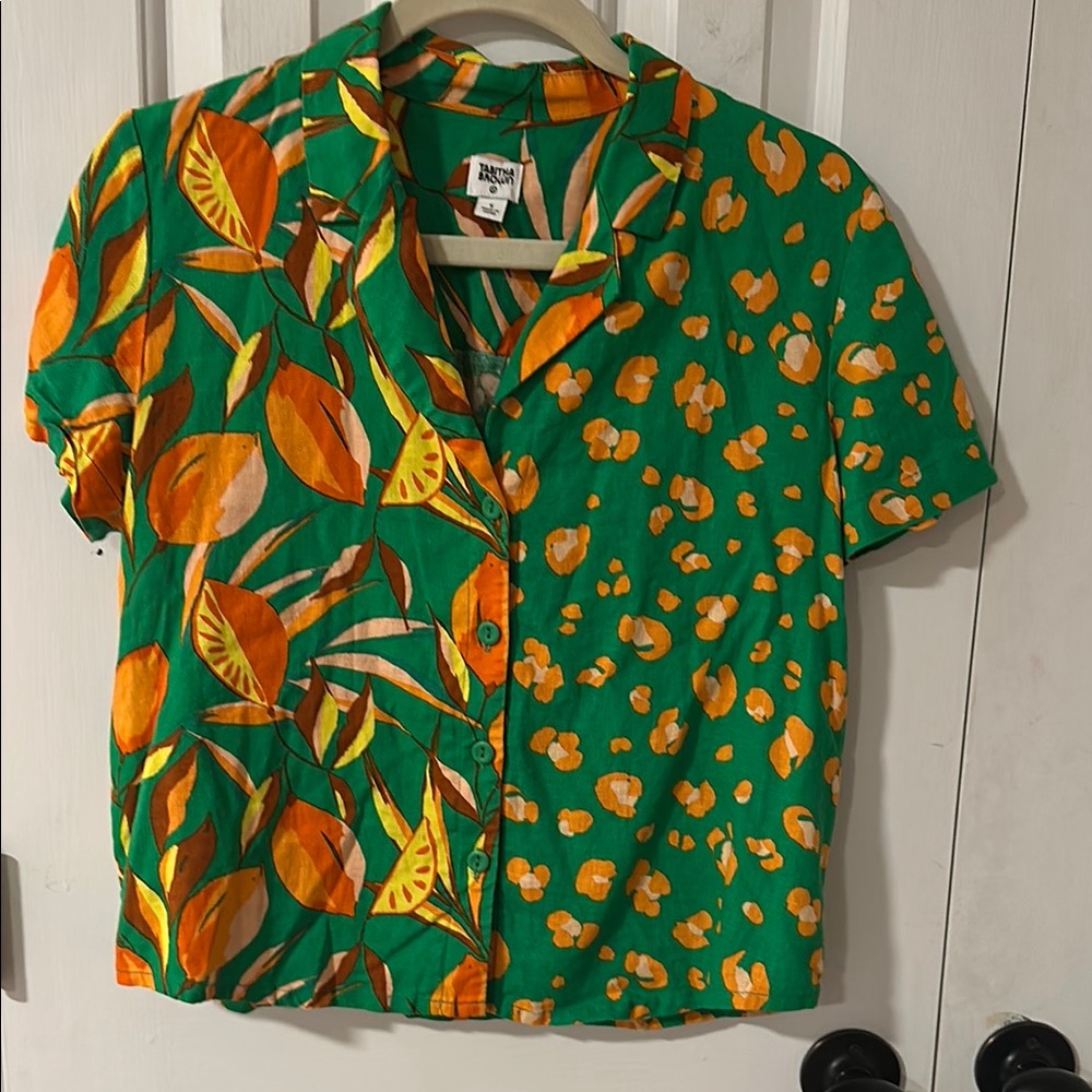 Tabitha Brown for Target Linen Green and Orange Tropical Print Shirt